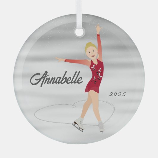 Kunstschaatser Blond in Rood Glas Ornament (Voorkant)