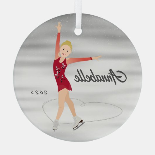 Kunstschaatser Blond in Rood Glas Ornament (Achterkant)