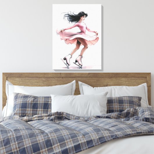Kunstschaatsmeisje met roze Schaatsen Canvas Afdruk (Insitu (Slaapkamer))