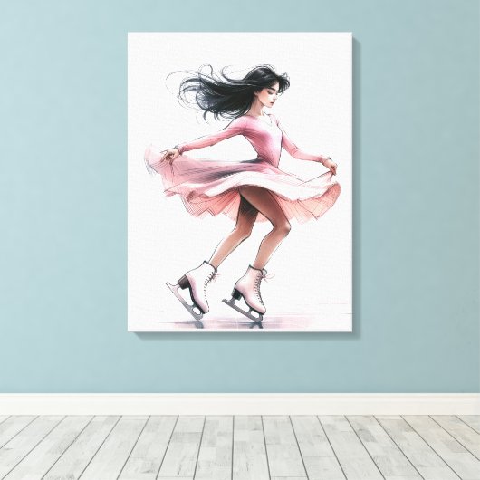 Kunstschaatsmeisje met roze Schaatsen Canvas Afdruk (Insitu (Houten vloer))