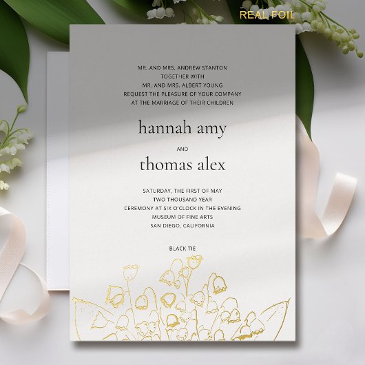 Kunstschets Lily Valley Modern Formal Wedding Gold Folie Uitnodiging