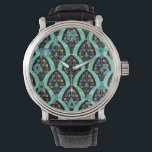 kunstschilderbloemmozaïek horloge<br><div class="desc">Een ,  kunstdeco-geïnspireerd ventilatorvormig patroon met kleurrijke bloemen op zwart met een groen gekleurde,  enigszins geometrische achtergrond. Geïnspireerd door de gewaagde twintig / Gatsby. Een klassiek,  ,  modern bloemontwerp voor iedereen die van de 20 houdt / een antiek voelt. De horlogeaantallen zijn een blauw-groene kleur met een wit overzicht.</div>