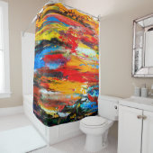 Kunstschilderij met paletmessenzwart, parijs, rood douchegordijn (In situ)