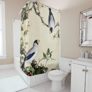 Kunstschilderij met vintage vogels op kersen tak douchegordijn