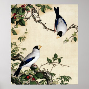 Kunstschilderij met vintage vogels op kersen tak poster