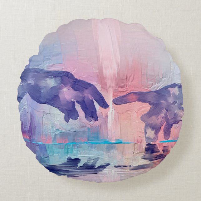 Kunstschilderij, surrealistische handbeschilderde  rond kussen (Voorkant)