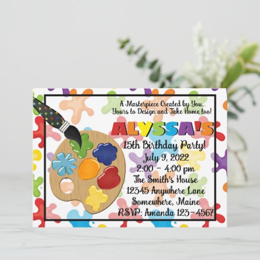 Kunstschilderverf - uitnodiging van de Birthday Pa (Staand voorkant)