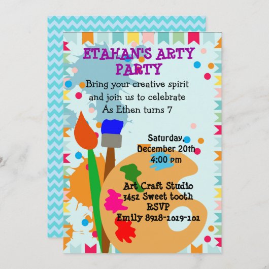 kunstschilderverjaardagsuitnodiging kaart (Voorkant / Achterkant)