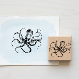 Kunststempel van hout met gegraveerde octopus in v rubberstempel