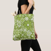 Kunststof bloemen Retro 60s 70s Floral Print Green Tote Bag (Dichtbij)
