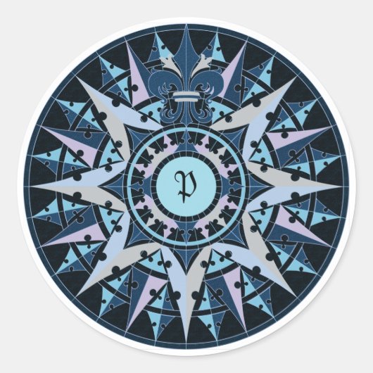 Kunsttekening, antiek kompas roos, monogram toevoe ronde sticker (Voorkant)