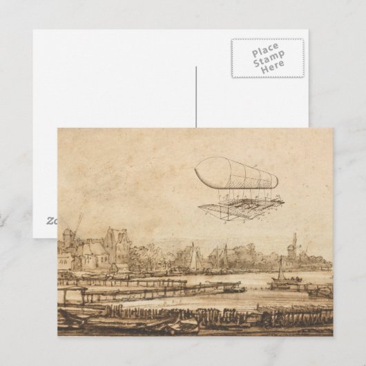 Kunsttekening ballonvliegmachine briefkaart (Voorkant / Achterkant)