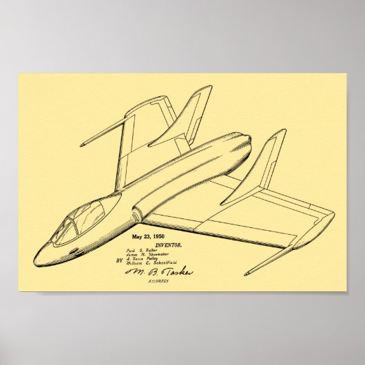 Kunsttekening van 1950 Jet Airplane Patent Print (Voorkant)