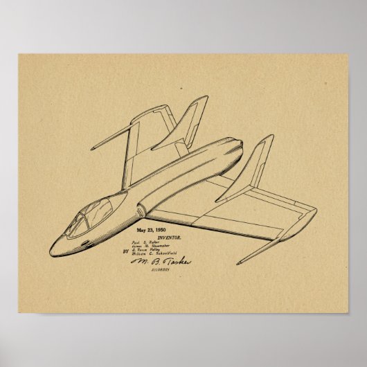 Kunsttekening van 1950 Jet Airplane Patent Print (Voorkant)