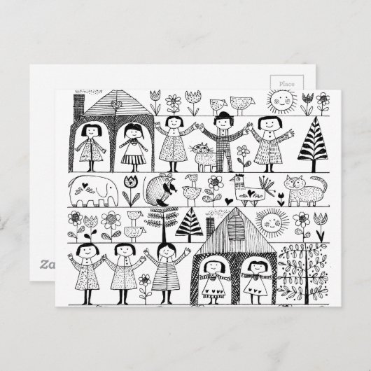 Kunsttekening van kind Folk Briefkaart (Voorkant / Achterkant)