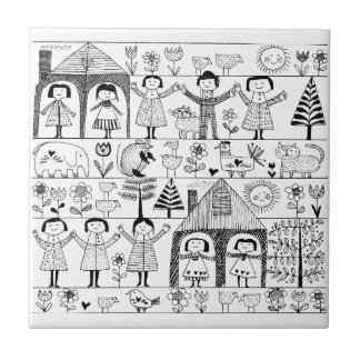 Kunsttekening van kind Folk Tegeltje