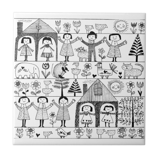 Kunsttekening van kind Folk Tegeltje (Voorkant)