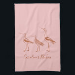 Kunsttekening voor vogels in Blush en Rust Persona Theedoek<br><div class="desc">Persoonlijke minimalistische blindroze en roest bruine vogellijn Tekenen keukenhanddoek</div>