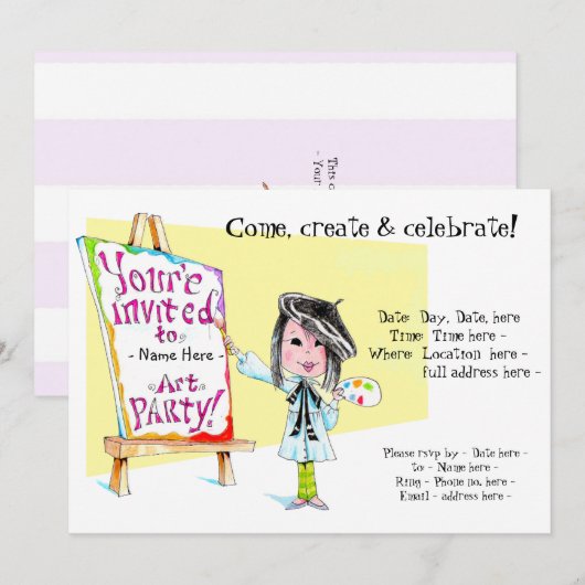 Kunstverjaardagsfeest Uitnodigingen voor meisjes (Voorkant / Achterkant)