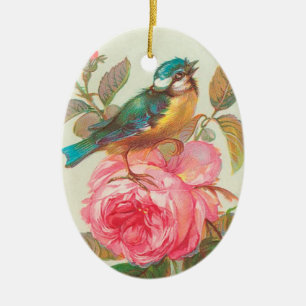 kunstvogel en Roos Keramisch Ornament