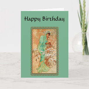  kunstwerk Deco Lady Green Golden Tree Birthday Kaart