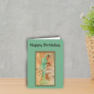 kunstwerk Deco Lady Green Golden Tree Birthday Kaart