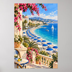 Kunstwerk Franse Rivièra kustpromenade en strandmu Poster