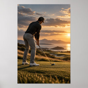 Kunstwerk golfbaan bij zonsondergang – Golfer bij Poster