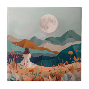 Kunstwerk met berglandschap in terracotta en salie tegeltje