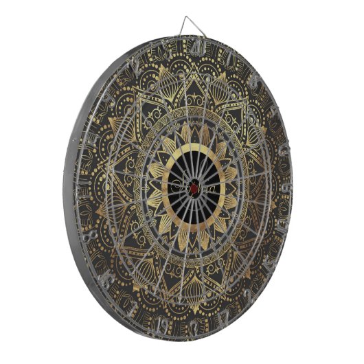 Kunstwerk met goudmandala dartbord (Voorkant Links)