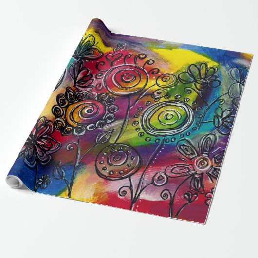 Kunstwerk met kleurrijke bloem cadeaupapier (Uitgerold)