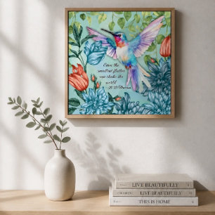 Kunstwerk met kolibrie en bloemen met citaat van T Poster