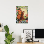 Kunstwerk met monarchvlinderkat in weide poster (Thuiskantoor)