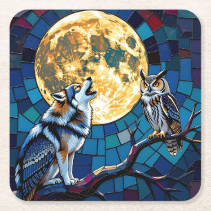 Kunstwerk met mozaïek van wolf en uil kartonnen onderzetters