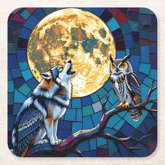 Kunstwerk met mozaïek van wolf en uil kartonnen onderzetters (Voorkant)
