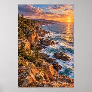 Kunstwerk met rotsachtige kustlijn, zonsondergang poster