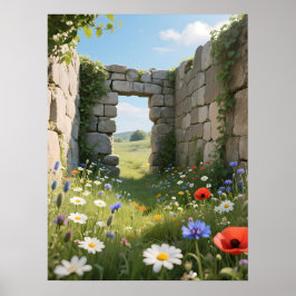 Kunstwerk met stenen muur ruïne weide bloemen poster