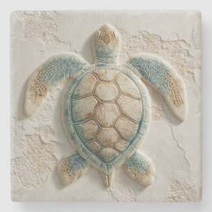 Kunstwerk met turkooizen zeeschildpad aan de kust stenen onderzetter
