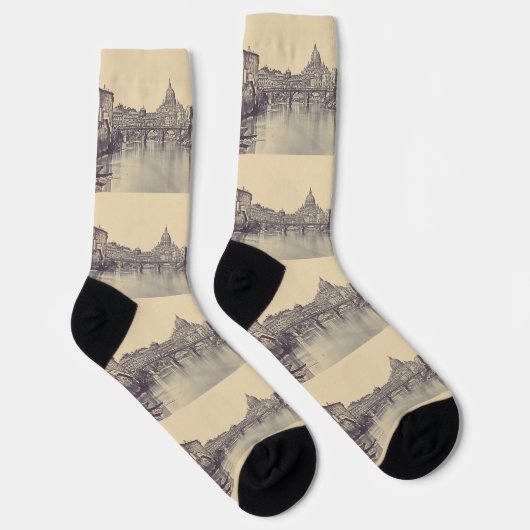 Kunstwerk met vintage Rome Tiber-kasteel en Vatica Sokken (Rechts)