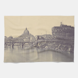 Kunstwerk met vintage Rome Tiber-kasteel en Vatica Theedoek