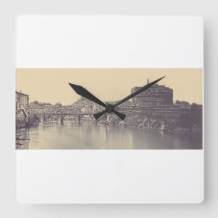 Kunstwerk met vintage Rome Tiber-kasteel en Vatica Vierkante Klok