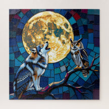 Kunstwerk mozaïek van wolf en uil