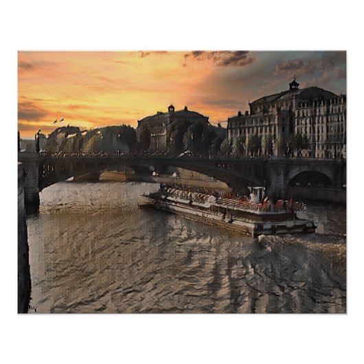 Kunstwerk Parijse rivierstadsgezicht bij zonsonder Perfect Poster (Voorkant)