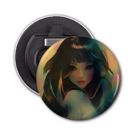 Kunstwerk van anime meisje omringd door regenboogl button flesopener