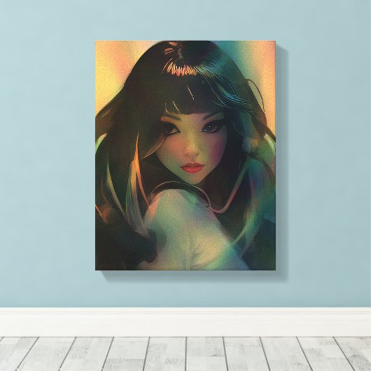 Kunstwerk van anime meisje omringd door regenboogl canvas afdruk (Insitu (Houten vloer))