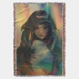 Kunstwerk van anime meisje omringd door regenboogl deken