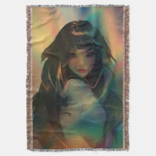 Kunstwerk van anime meisje omringd door regenboogl deken