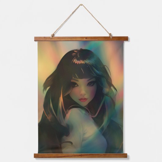Kunstwerk van anime meisje omringd door regenboogl hangend wandkleed (Voorkant)