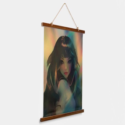 Kunstwerk van anime meisje omringd door regenboogl hangend wandkleed (Gebogen)