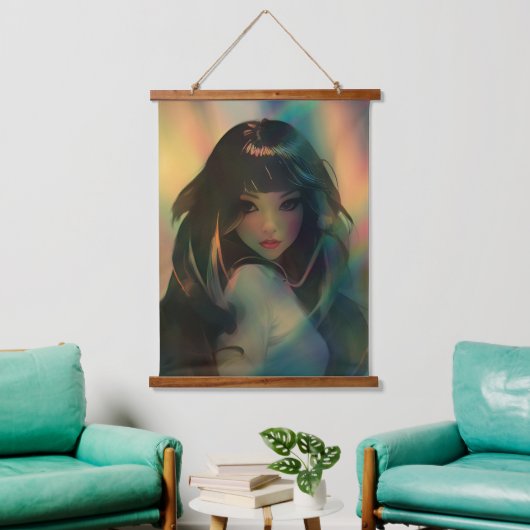 Kunstwerk van anime meisje omringd door regenboogl hangend wandkleed (Woonkamer)